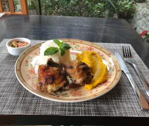 Frango assado com arroz e purê de abóbora